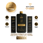 Um frasco preto e dourado de Bisnaga Retoq Express Tons Escuros Combo em Dobro (2 unidades) está centralizado entre duas caixas. Os ícones destacam a ausência de amônia e a tecnologia inteligente para tons escuros. Todo o texto aparece em português.