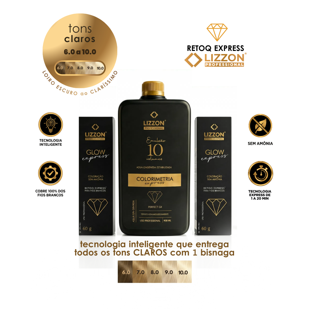 Um frasco preto e dourado de Bisnaga Retoq Express Tons Escuros Combo em Dobro (2 unidades) está centralizado entre duas caixas. Os ícones destacam a ausência de amônia e a tecnologia inteligente para tons escuros. Todo o texto aparece em português.