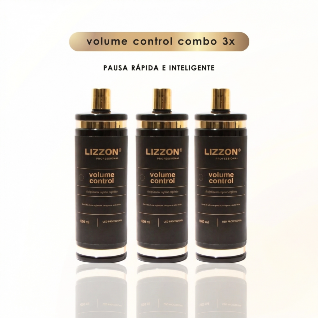 Três garrafas pretas de Volume Control de 1L (3 unidades) estão dispostas lado a lado em um fundo branco. Acima, o texto diz 