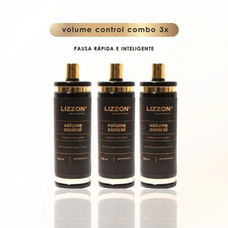 Três garrafas pretas de Volume Control de 1L (3 unidades) estão dispostas lado a lado em um fundo branco. Acima, o texto diz