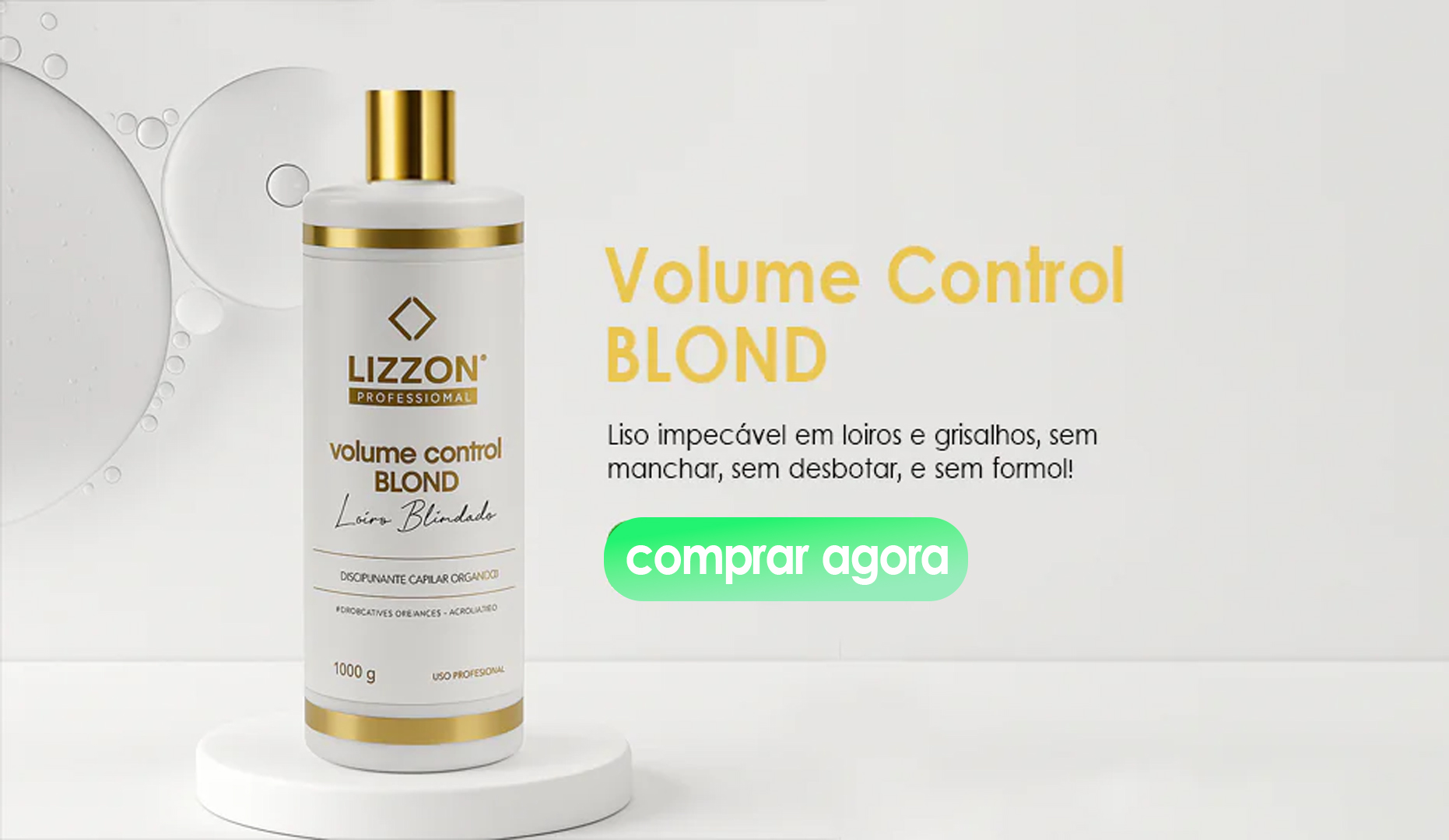 Um frasco de xampu Lizzon Professional Volume Control Blond branco com detalhes em dourado é exibido em uma plataforma redonda. O texto destaca o cabelo liso para cabelos loiros e grisalhos, e um botão verde diz compre agora.