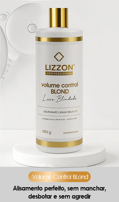 Um frasco branco e dourado do Lizzon Professional Volume Control BLOND Liso Blindado está sobre uma plataforma branca. O rótulo inclui detalhes do produto em português, em um fundo cinza suave com formas circulares.