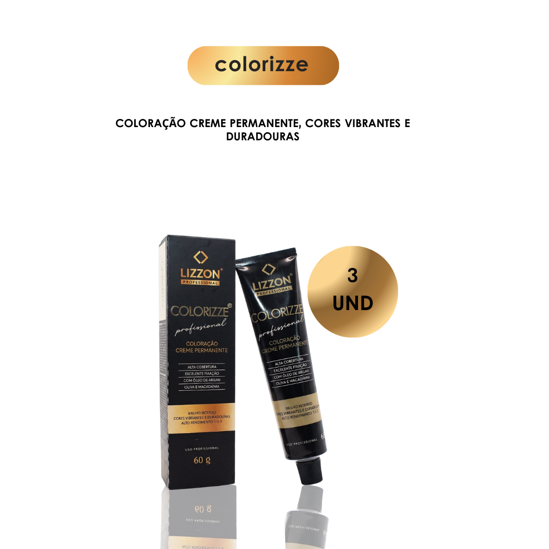 Bisnaga e caixa de Colorizze Coloração Creme Permanente - Pague 2, nível 3 (combo 3 unidades), tamanho 60g, exibidos em um fundo branco com texto em português e um rótulo circular indicando combo 3 unidades.