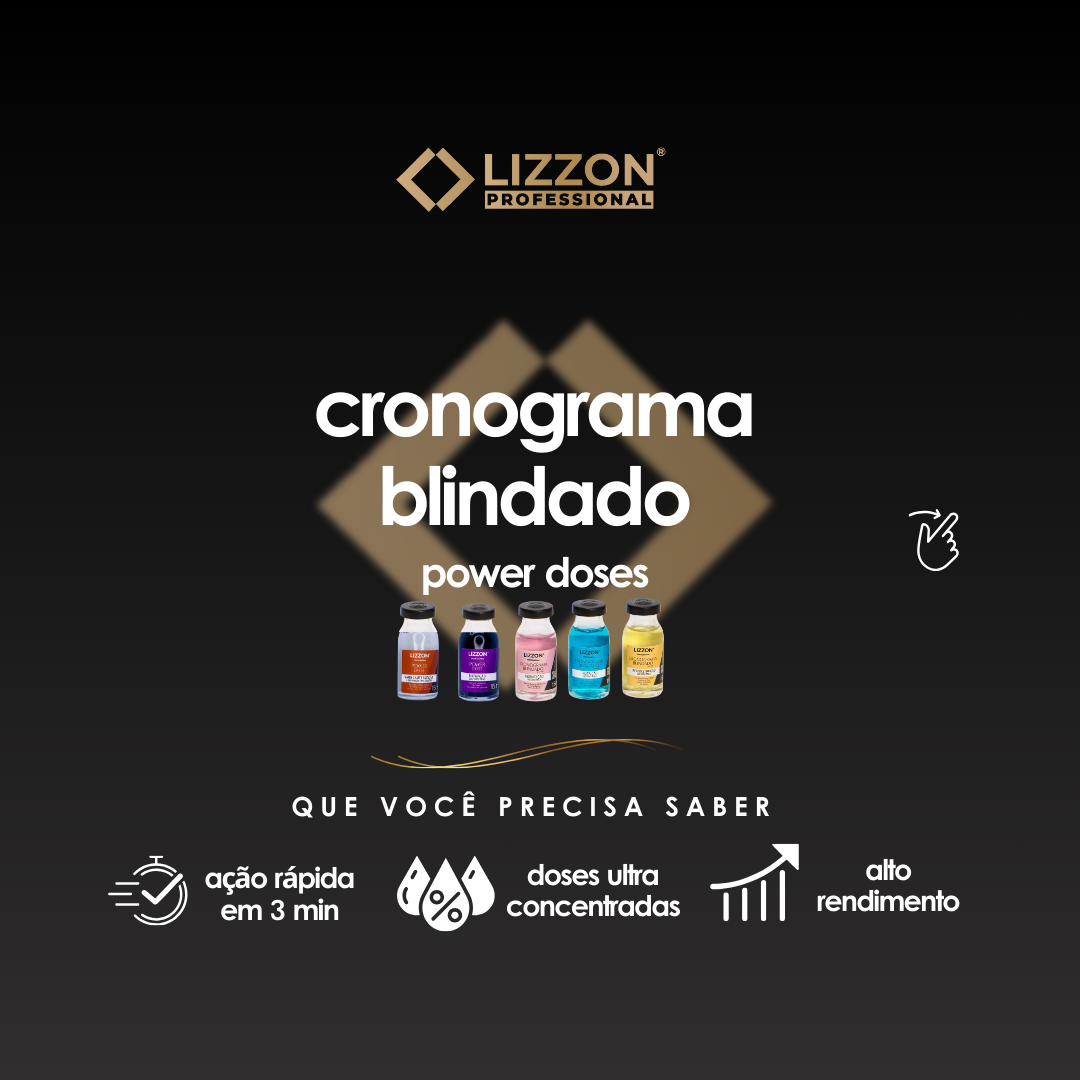 Imagem promocional do Kit Power Dose Cronograma Blindado, com cinco frascos e ícones destacando ação rápida, doses concentradas e alta performance. Texto em português.