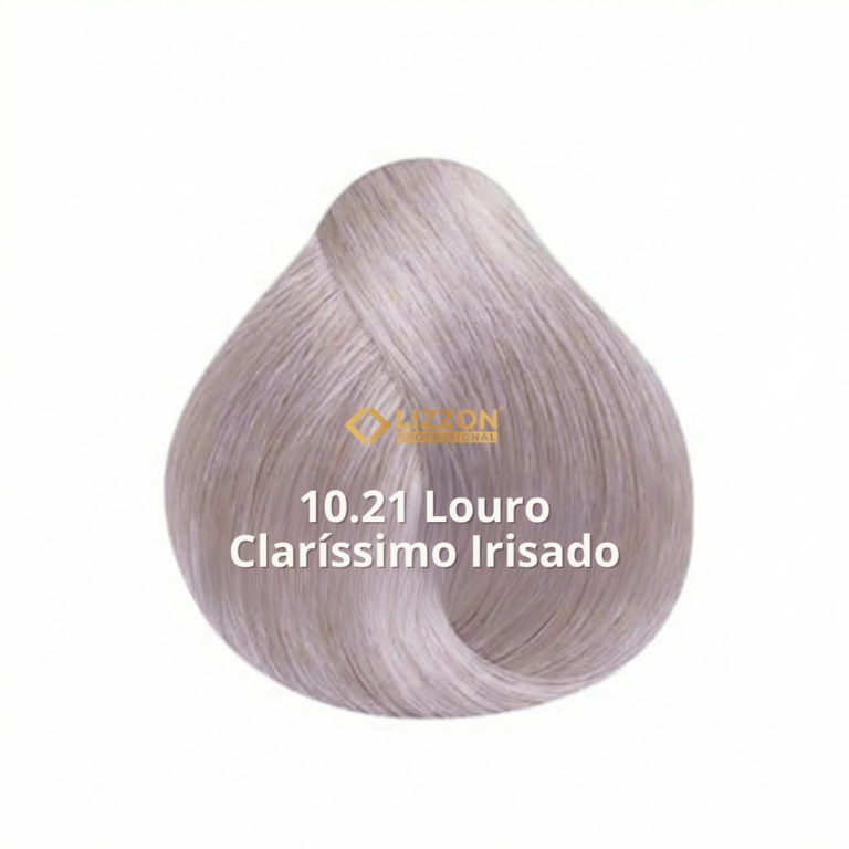 Uma amostra de cor de cabelo loiro iridescente muito claro, moldada em uma mecha lisa e enrolada. O texto 10.21 Louro Claríssimo Irisado é exibido sobre a amostra de cabelo.
