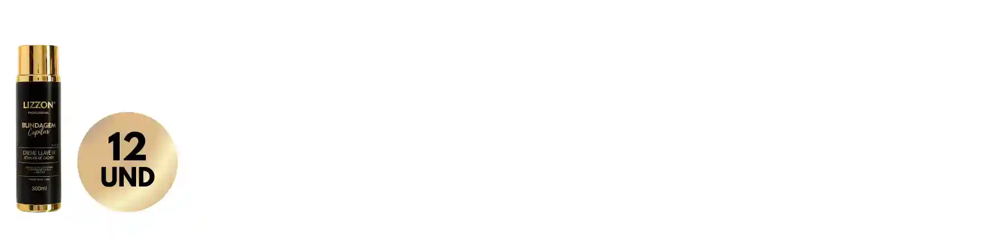 Um frasco de Creme Ativador de Cachos Leave In Blindagem Capilar 300 ml é mostrado ao lado de um círculo dourado com "12unid" escrito, indicando um pacote combinado de 12 unidades. O fundo é branco.
