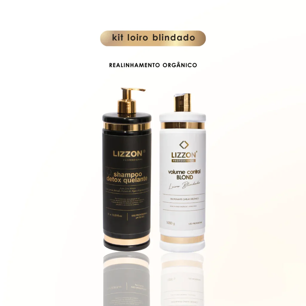 Dois produtos para cabelo da Lizzon Professional estão lado a lado em um fundo branco: um frasco escuro com o rótulo shampoo detox quelante com uma bomba e um frasco claro com o rótulo controle de volume loiro. O texto acima diz kit loiro blindado.