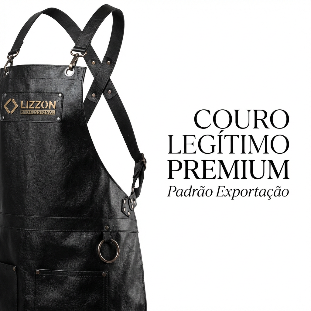 O avental de couro preto com alças ajustáveis e anéis de metal é exibido à esquerda. Um adesivo com o logotipo diz 