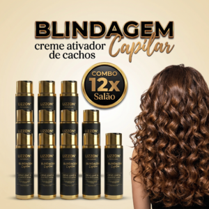 A imagem mostra nove frascos de Creme Ativador de Cachos (combo 12unid): Leave In Blindagem Capilar 300ml e uma pessoa com cabelos castanhos, cacheados, longos e definidos. O texto destaca Blindagem Capilar creme ativador de cachos e combo 12x salão.