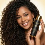 Uma mulher com cabelos longos e cacheados sorri para a câmera enquanto segura um frasco de Creme Ativador de Cachos: Leave In Blindagem Capilar 300ml. Ela usa brincos de argola dourados e tem um visual de maquiagem natural.