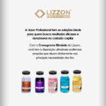 Cinco ampolas coloridas do Kit Power Dose Cronograma Blindado são exibidas abaixo do texto em português destacando seus benefícios duradouros, com o logotipo da Lizzon em destaque na parte superior.