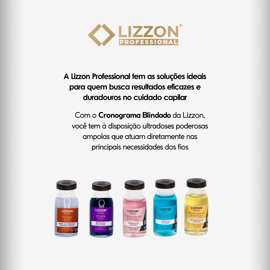 Cinco ampolas coloridas do Kit Power Dose Cronograma Blindado são exibidas abaixo do texto em português destacando seus benefícios duradouros, com o logotipo da Lizzon em destaque na parte superior.