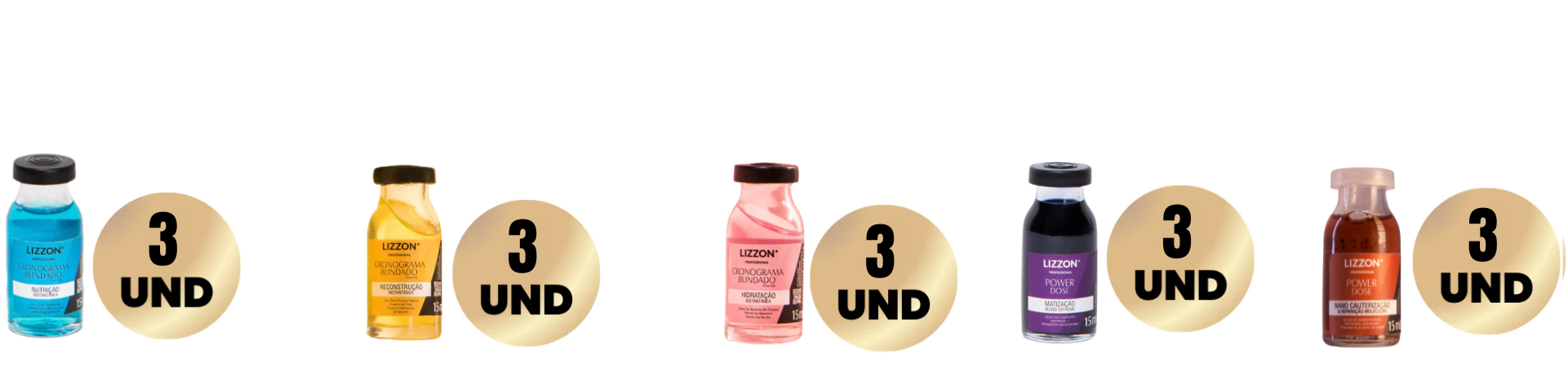 Três frascos do Kit Power Dose Cronograma Blindado (Combo 3 unidades) são mostrados em azul, amarelo, rosa, roxo escuro e marrom contra um fundo branco, cada um ao lado de um ícone circular 