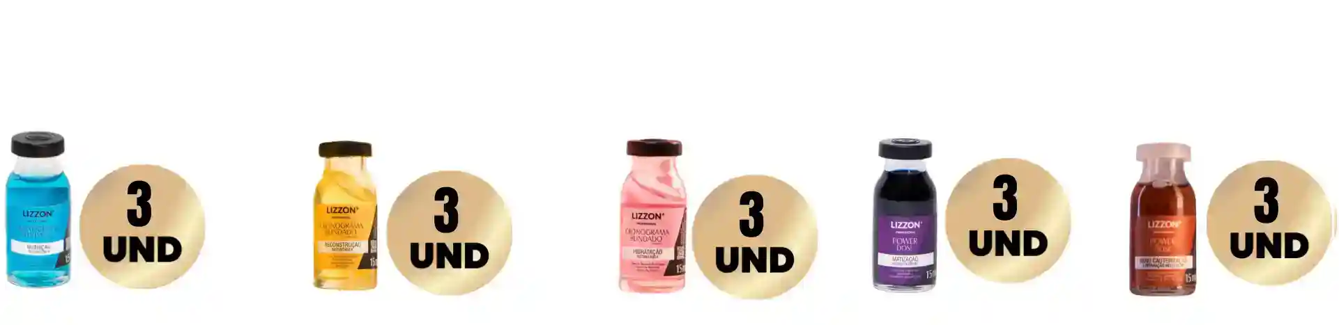 Três frascos do Kit Power Dose Cronograma Blindado (Combo 3 unidades) são mostrados em azul, amarelo, rosa, roxo escuro e marrom contra um fundo branco, cada um ao lado de um ícone circular "3 UND".