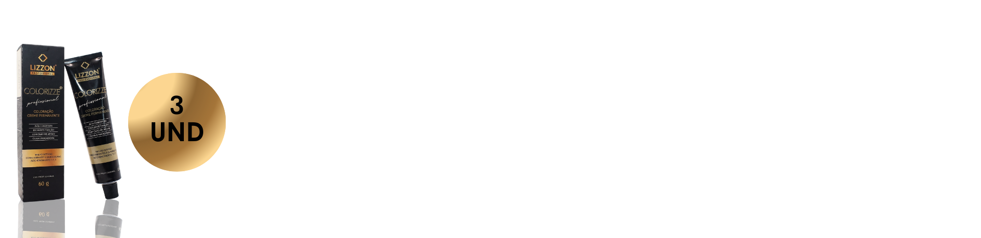 Tubo e caixa pretos e dourados de Lizz Plástica Capilar mostrados ao lado de um círculo dourado com