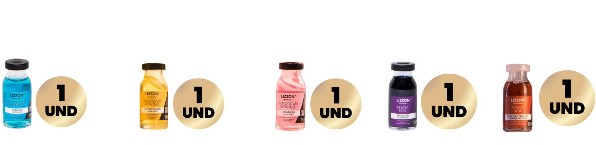 Seis ampolas capilares LIDON de cores exclusivas do Kit Power Dose Cronograma Blindado estão dispostas em uma fileira, cada uma com um ícone dourado redondo que exibe 