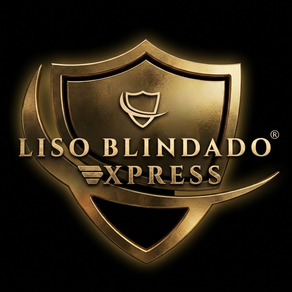 Um logotipo de escudo dourado com um escudo menor dentro dele e as palavras "Liso Blindado Express - a técnica do liso perfeito" em letras douradas em negrito em um fundo preto.