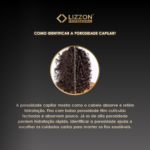 Uma imagem com o logotipo da Lizzon Professional na parte superior mostra cabelos cacheados, texto claro em um fundo escuro sobre hidratação, identificando a porosidade do cabelo, e promove o Kit Power Dose Cronograma Blindado.