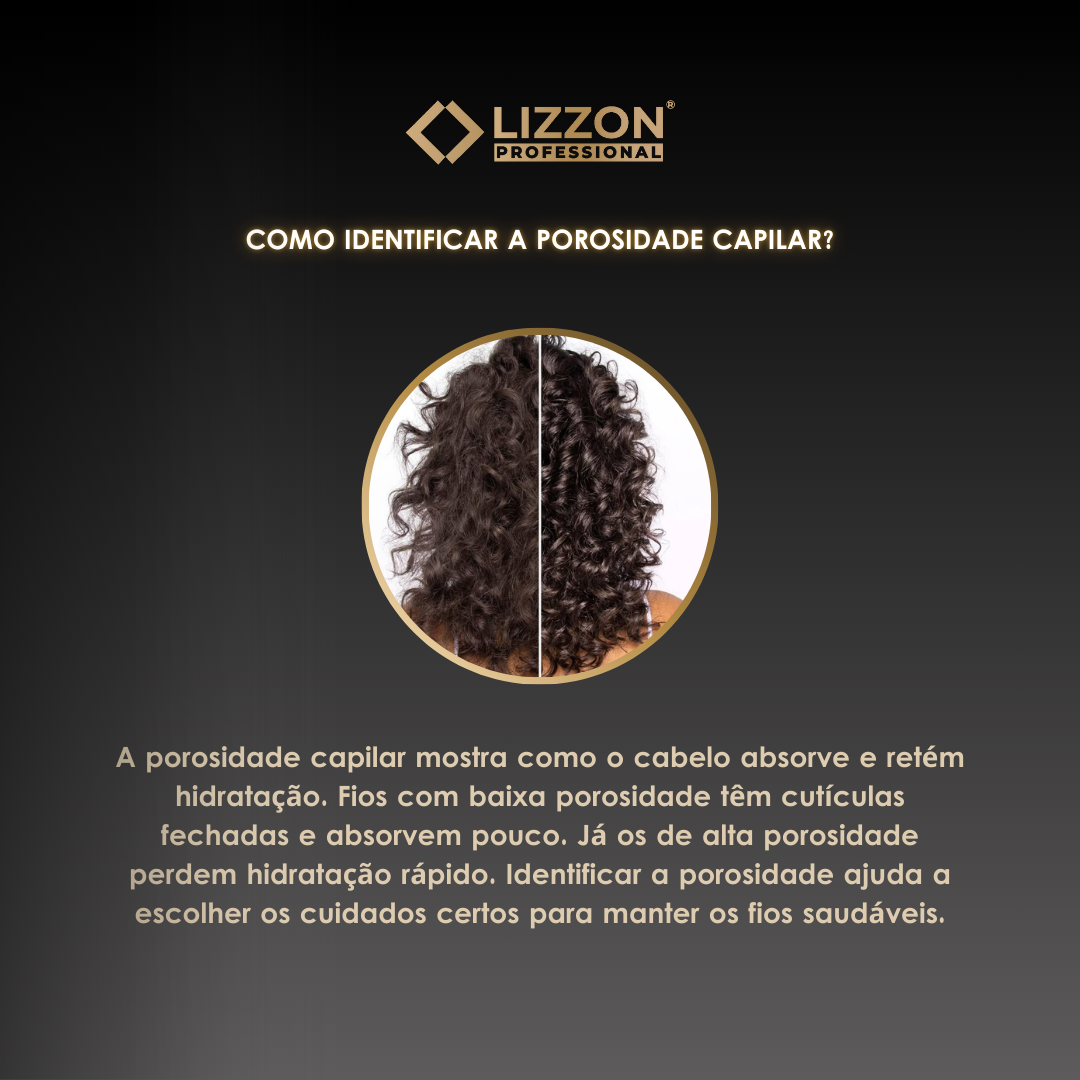 Uma imagem com o logotipo da Lizzon Professional na parte superior mostra cabelos cacheados, texto claro em um fundo escuro sobre hidratação, identificando a porosidade do cabelo, e promove o Kit Power Dose Cronograma Blindado.