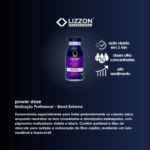Um frasco do Kit Power Dose Cronograma Blindado é exibido em um fundo escuro, com um texto que mostra sua ação rápida, doses concentradas e cuidados de alto desempenho para cabelos loiros.