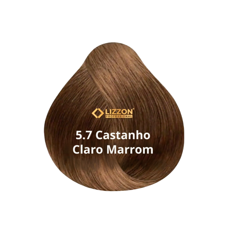 Uma amostra de cor de cabelo em um tom marrom claro rotulado como Lizzon Professional 5.7 Castanho Claro Marrom em um fundo branco.