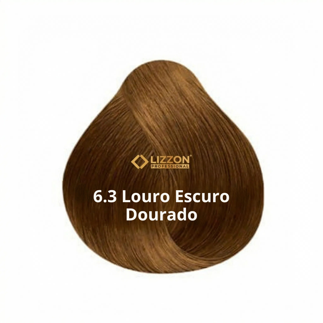Uma amostra de cor de cabelo castanho rotulada como 6.3 Louro Escuro Dourado com o logotipo da Lizzon Professional, mostrando um tom de loiro dourado médio a escuro brilhante.