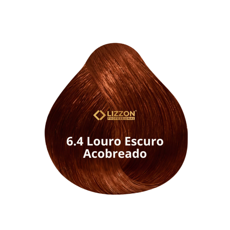 Uma amostra de cor de cabelo exibindo uma tonalidade marrom acobreada rica, rotulada como 6.4 Louro Escuro Acobreado, com o logotipo da Lizzon Professional acima do texto.
