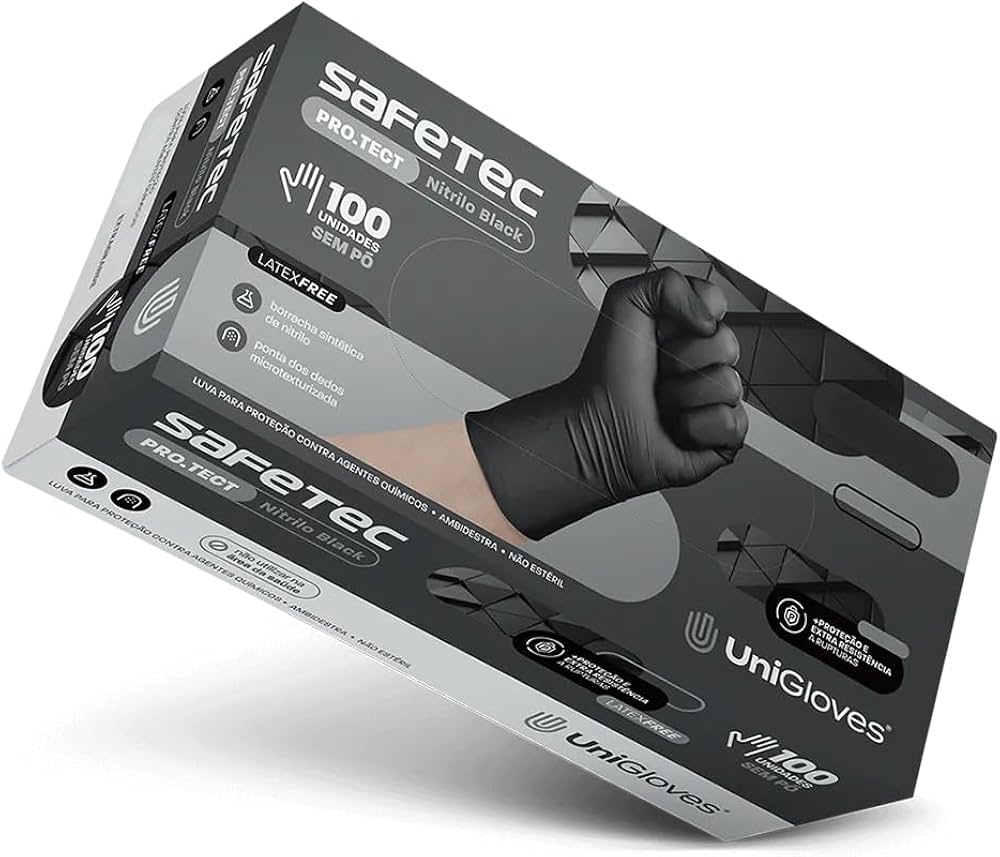 É mostrada uma caixa de Luva Nitrilo Black M, exibindo um punho em uma luva preta. A embalagem contém 100 luvas de tamanho médio, sem látex.