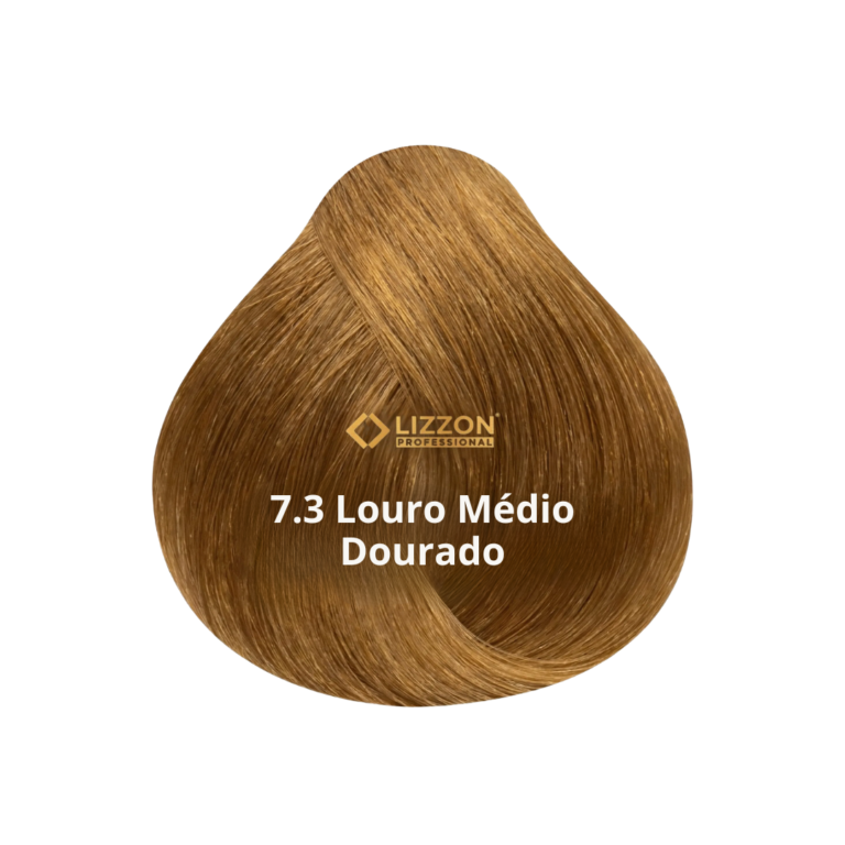 Uma amostra de cor de cabelo loiro dourado médio com o texto Lizzon Professional 7.3 Louro Médio Dourado.