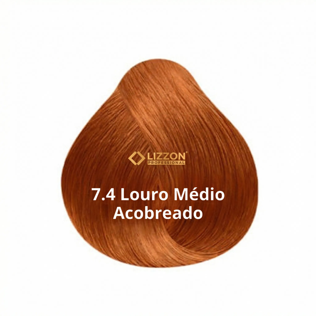 Uma amostra digital da cor de cabelo 7.4 Louro Médio Acobreado da Lizzon Professional, mostrando um tom loiro acobreado médio em uma amostra em forma de lágrima.