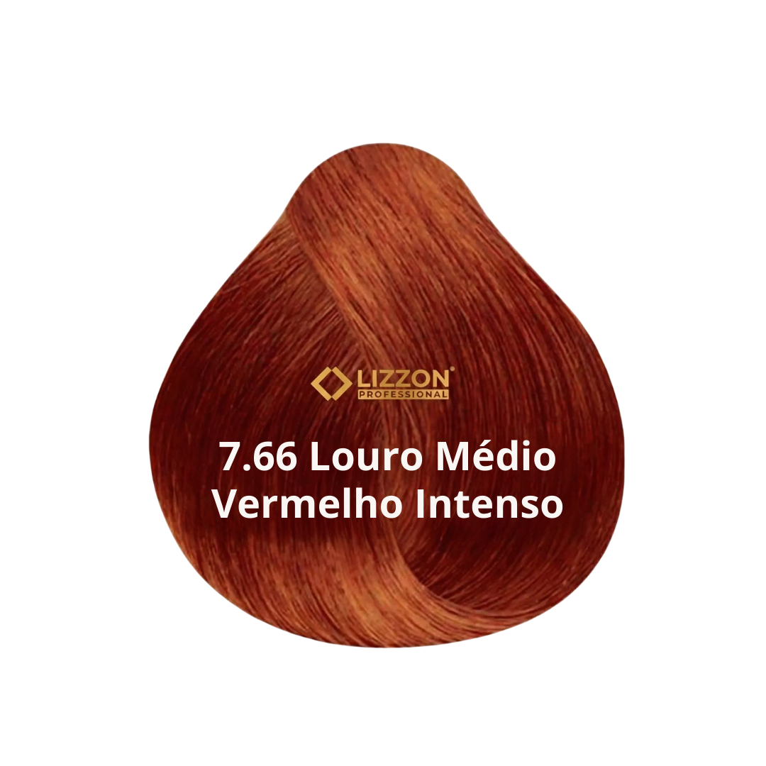 Uma amostra de coloração de cabelo em forma de lágrima, exibindo um tom de loiro vermelho intenso médio. O texto na amostra diz 7,66 Louro Médio Vermelho Intenso com o logotipo da Lizzon Professional acima.