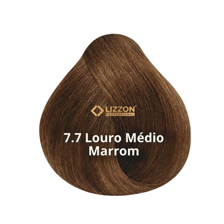 Uma amostra de tintura de cabelo marrom médio rotulada como 7.7 Louro Médio Marrom com o logotipo da Lizzon Professional exibido acima do texto. A cor do cabelo aparece como um laço liso e brilhante de cabelo sintético.