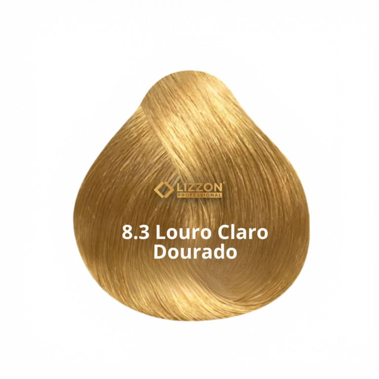Uma amostra de cor de cabelo loiro dourado claro, rotulada como 8.3 Louro Claro Dourado, com o logotipo da Lizzon Professional no centro.