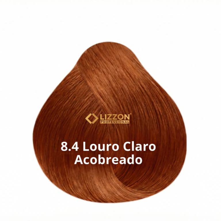 Uma amostra da coloração de cabelo 8.4 Louro Claro Acobreado da Lizzon Professional, mostrando um tom loiro acobreado claro.