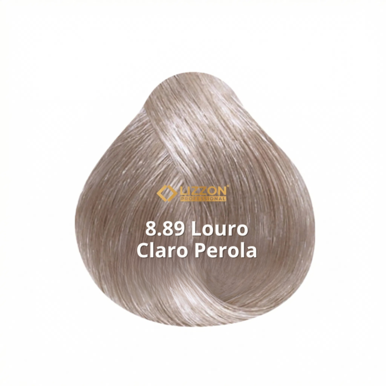 Uma amostra de cabelo renderizada digitalmente em um tom de loiro claro rotulado como 8.89 Louro Claro Perola com o logotipo da Lizzon Professional acima do texto, em um fundo branco.