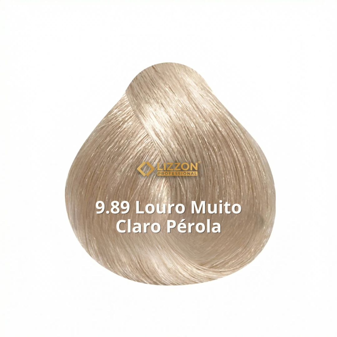Uma amostra de cor de cabelo loiro pérola muito claro com o texto 9.89 Louro Muito Claro Pérola e o logotipo da Lizzon Professional acima do texto.