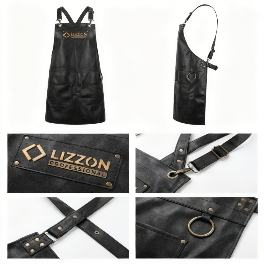 Uma colagem exibe o Avental Lizzon Professional Premium Couro Legítimo de vários ângulos, mostrando o couro preto, as alças ajustáveis, as argolas de metal, os rebites, os bolsos frontais e um patch com letras douradas.