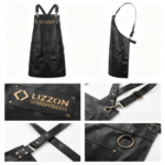 Uma colagem exibe o Avental Lizzon Professional Premium Couro Legítimo de vários ângulos, mostrando o couro preto, as alças ajustáveis, as argolas de metal, os rebites, os bolsos frontais e um patch com letras douradas.
