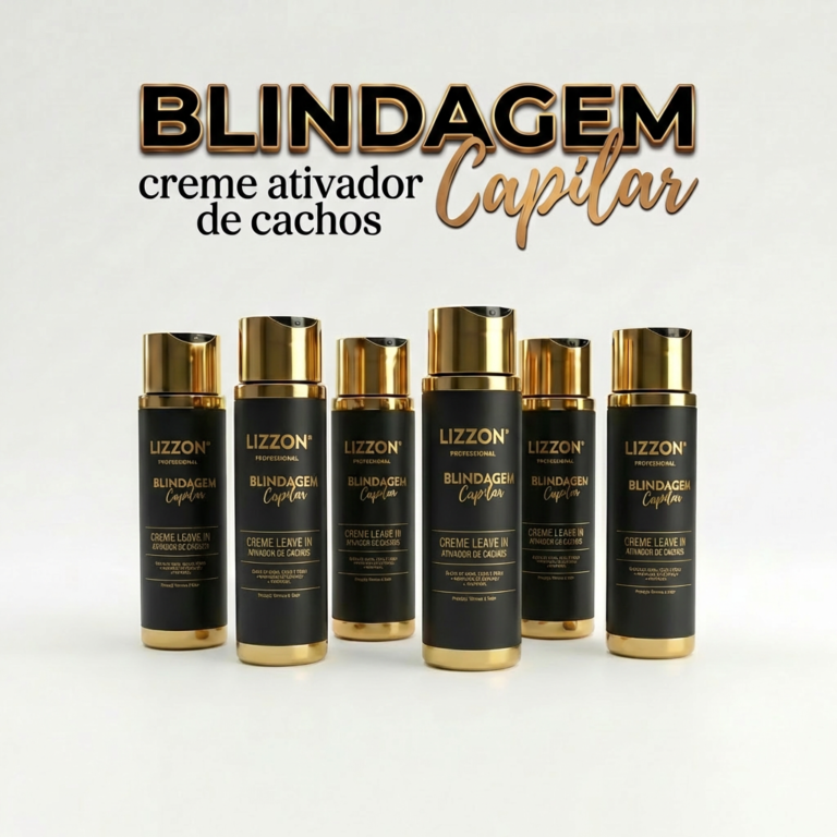 Seis frascos de Creme Ativador de Cachos Leave In Blindagem Capilar 300 ml estão dispostos em uma fileira sobre um fundo branco, com embalagem preta e dourada e detalhes do produto exibidos acima.