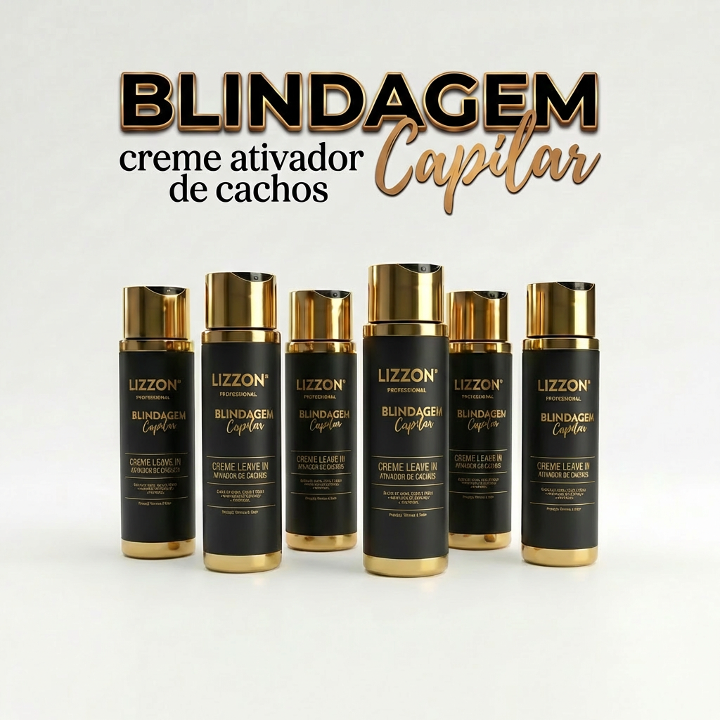 Seis frascos de Creme Ativador de Cachos Leave In Blindagem Capilar 300 ml estão dispostos em uma fileira sobre um fundo branco, com embalagem preta e dourada e detalhes do produto exibidos acima.