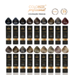 Uma exposição de 18 caixas de Colorizze: Coloração Creme Permanente, cada uma com uma tonalidade e um rótulo de cor exclusivos, dispostos em duas fileiras com amostras de cabelo acima. Todo o texto aparece em português.