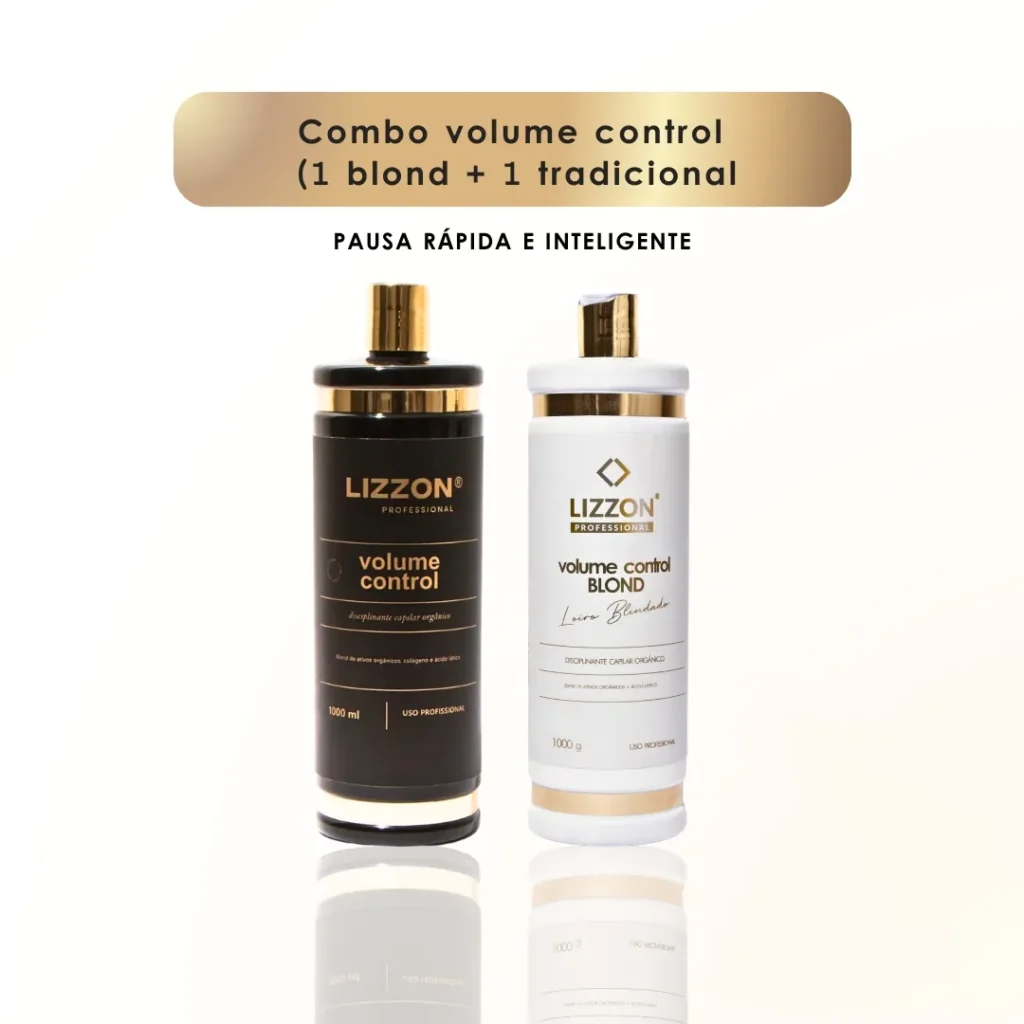 Dois frascos de produtos para cabelo com o rótulo Lizzon Professional Volume Control são mostrados lado a lado. O frasco da esquerda é escuro com detalhes em dourado; o frasco da direita é branco com detalhes em dourado. O texto acima descreve uma oferta combinada.