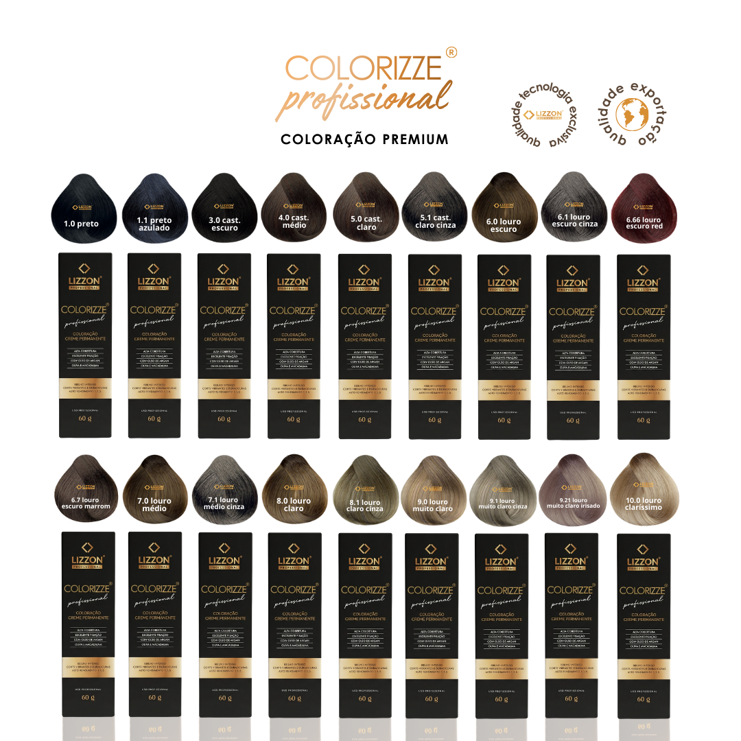 Uma exposição de 18 caixas de Colorizze: Coloração Creme Permanente, cada uma com uma tonalidade e um rótulo de cor exclusivos, dispostos em duas fileiras com amostras de cabelo acima. Todo o texto aparece em português.