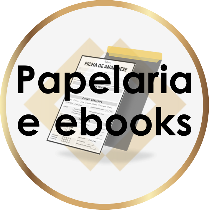 Um gráfico mostra uma prancheta com um documento rotulado como Ficha de Anamnese, sobre um fundo de diamante bege. Um grande texto em preto diz: Papelaria e ebooks lizzon. A imagem é emoldurada por uma borda circular dourada.