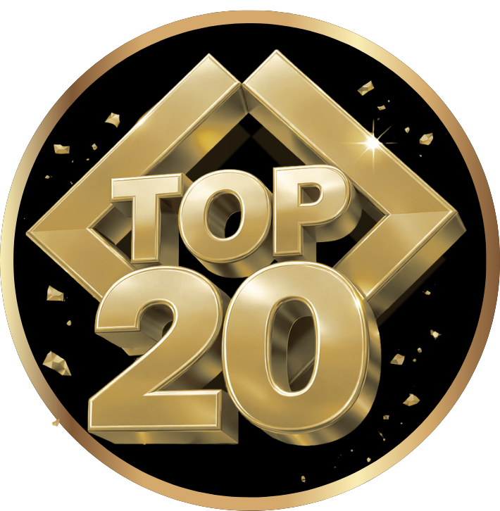 Um emblema circular de lizzon com as palavras TOP 20 em letras douradas em negrito, com uma borda geométrica dourada e confetes em um fundo preto.