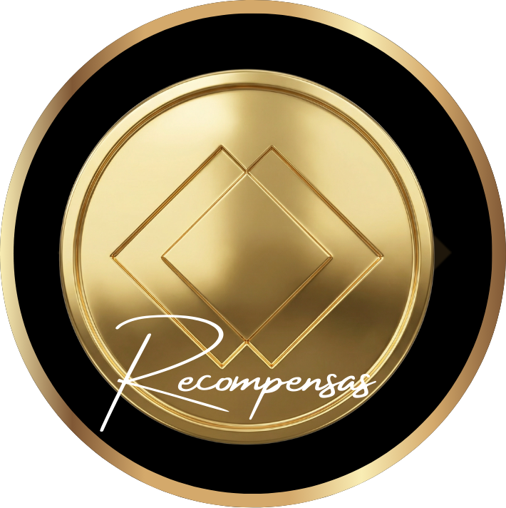 Uma moeda de ouro com duas formas de diamante sobrepostas no centro, em um fundo circular preto com uma borda dourada. A palavra Recompensas está escrita em letras brancas na parte inferior, destacando o desenho exclusivo do lizão.