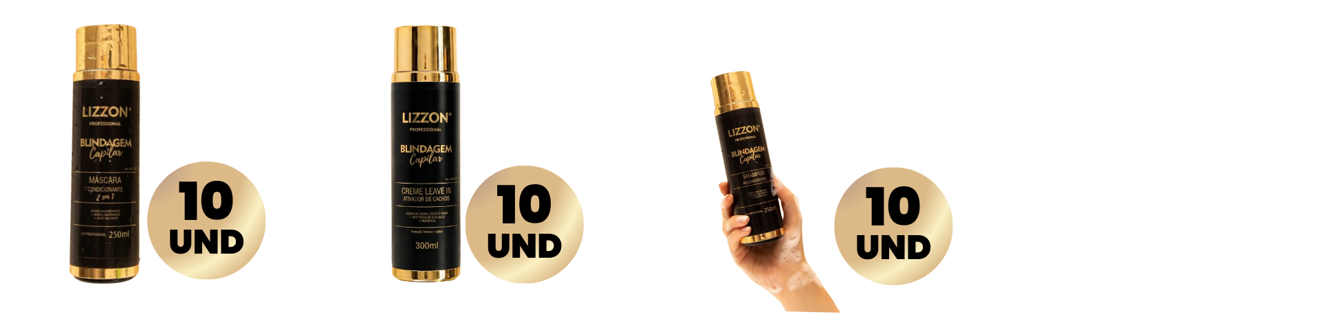 Três frascos da Lizzon Professional rotulados como Blondage Expert exibem o kit cachos blindados (homecare) 10 unidades, com dois na vertical ao lado de círculos dourados 
