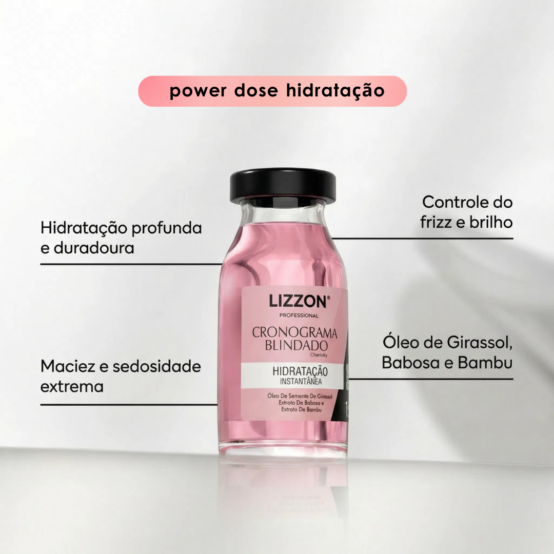 Um frasco do Kit Power Dose está centralizado em um fundo branco, cercado por um texto que destaca seus benefícios: hidratação intensa, maciez, controle do frizz e ingredientes principais.