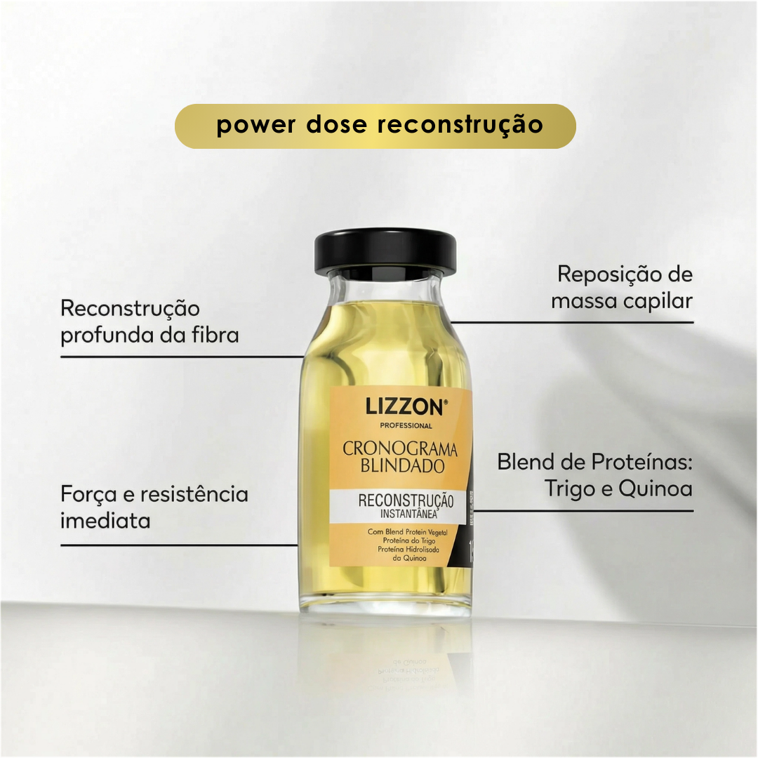 O tratamento capilar Kit Power Dose é apresentado, destacando benefícios como reconstrução profunda da fibra, força imediata, reposição de massa e uma mistura de proteínas de trigo e quinoa.