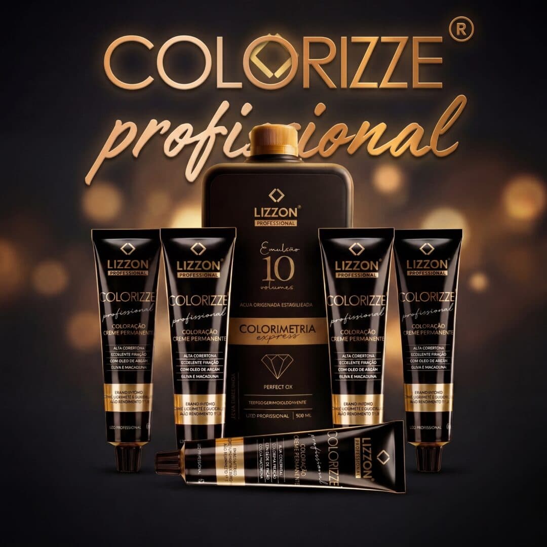 Um conjunto de Colorizze: Coloração Creme Permanente (combo 5 unidades) + OX Emulsão 20vol 900ml é mostrado em um fundo escuro, com cinco tubos de cores e um grande frasco dourado e preto com o logotipo da marca.